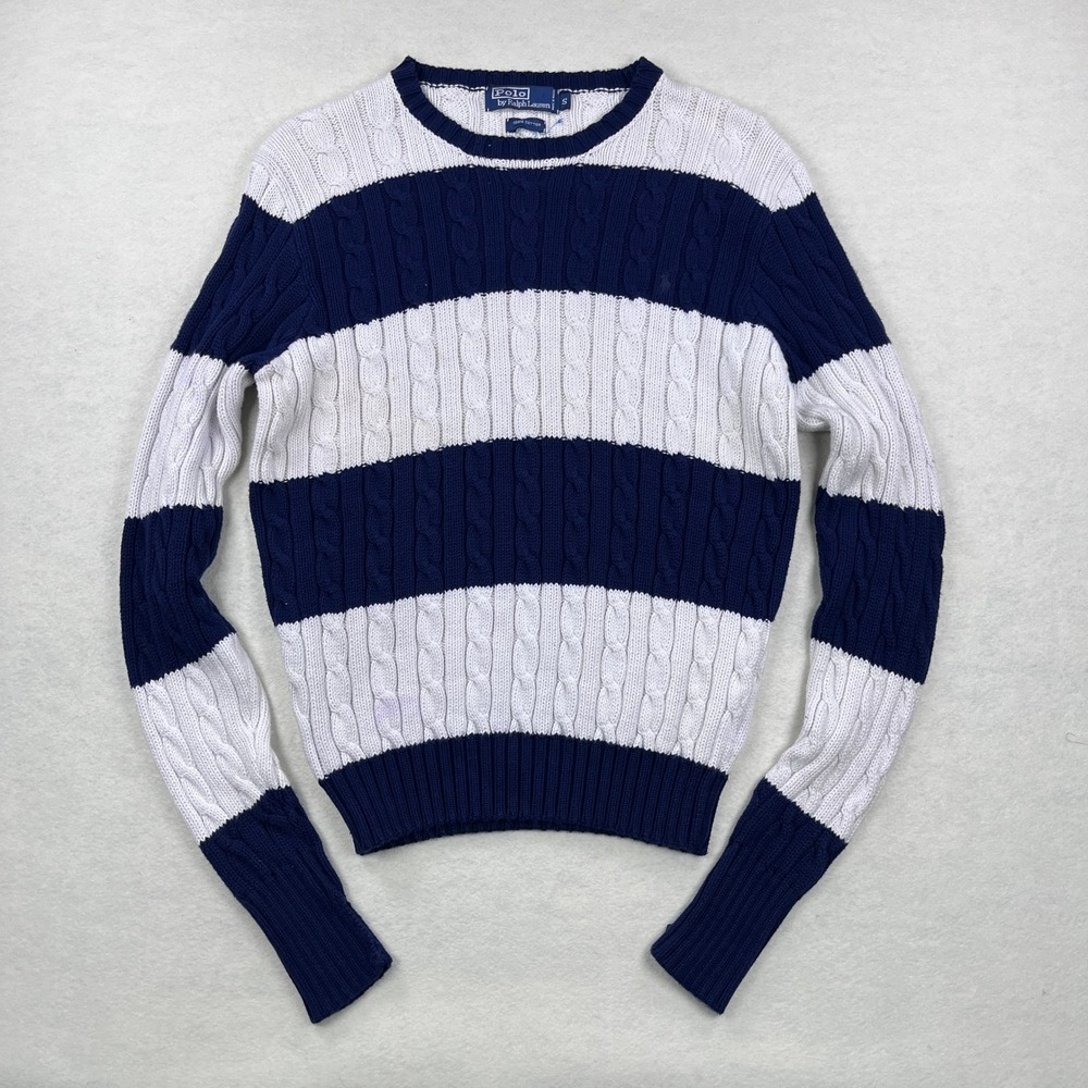 Polo Ralph Lauren Mens Small Navy Blue White Striped Cable Knit Cotton Sweater